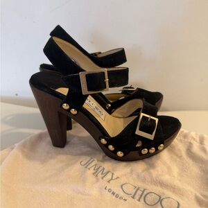 Authentic Jimmy Choo Black
Suede Wood Platform Heeled
Sandel W/studs Size 36